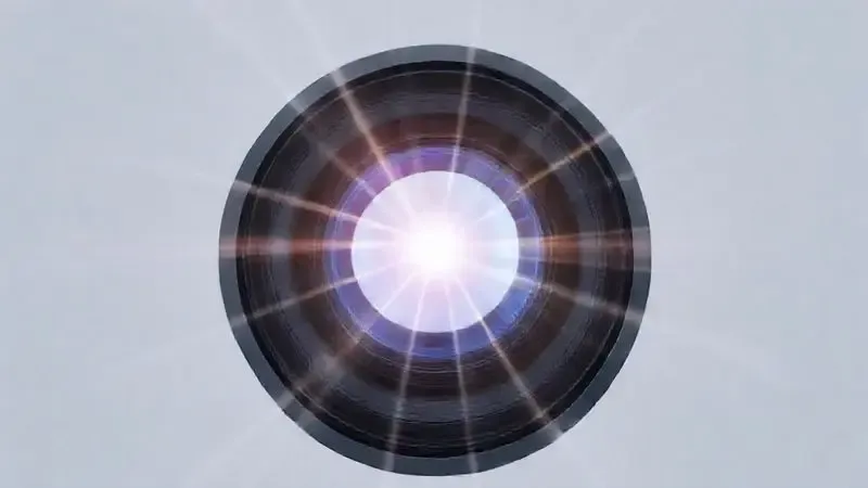 Ilustração 3D demonstrando o funcionamento da abertura de lente de uma câmera de celular, com a luz passando pelo diafragma.