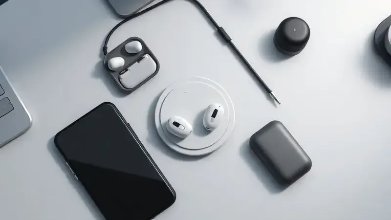 Renderização de uma variedade de acessórios essenciais para iPhone, incluindo carregador sem fio e fones de ouvido.