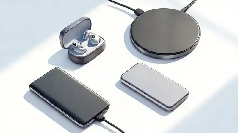 Ilustração conceitual dos principais acessórios para iPhone, incluindo fones sem fio, carregador portátil e base de carregamento.
