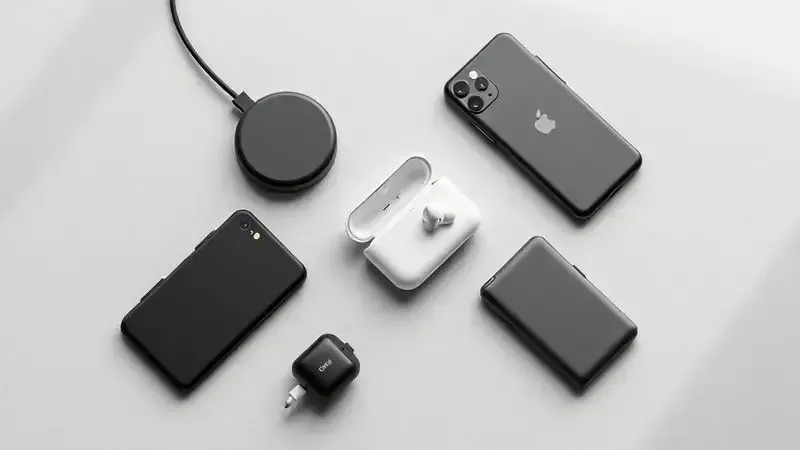 Composição artística de acessórios para celular, incluindo carregador sem fio, fones de ouvido e capa protetora.