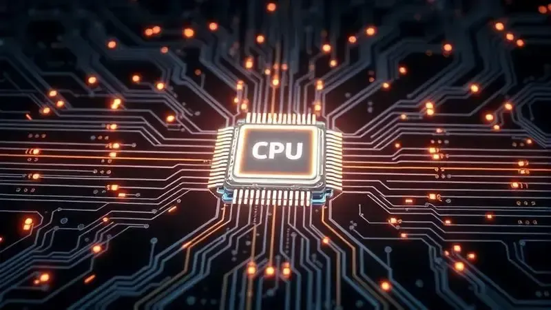 Ilustração digital realista de um chip (processador) futurista brilhante, representando o poder de processamento essencial para jogos móveis.