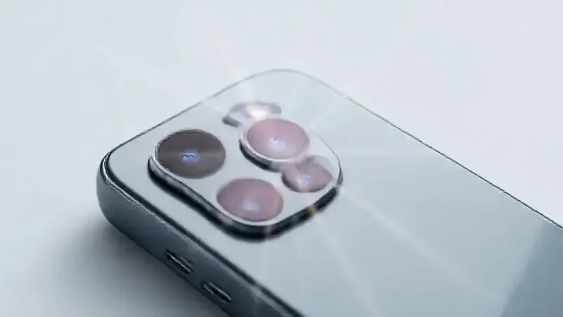 Render 3D do módulo de câmera de um smartphone, com destaque para as lentes e a tecnologia avançada de fotografia.