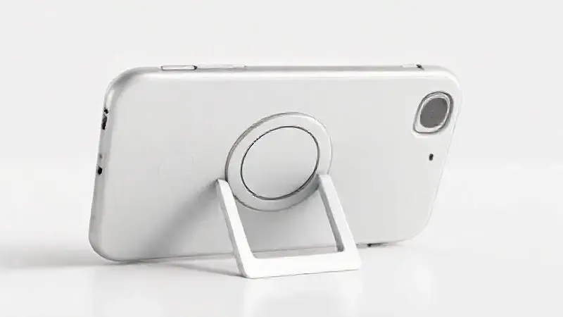 Render 3D de uma capinha com suporte (kickstand) desdobrado e anel magnético integrado (MagSafe) para recursos extras.