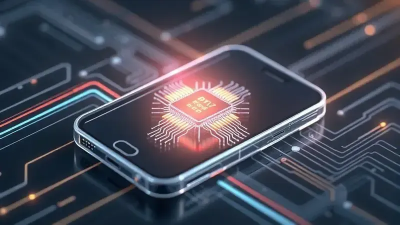 Render 3D de um chip CPU brilhante dentro de um smartphone, simbolizando alto desempenho e velocidade de processamento.