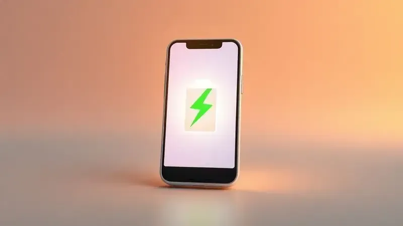 Render conceitual sobre a longa duração da bateria de um smartphone, simbolizando energia para o dia todo.