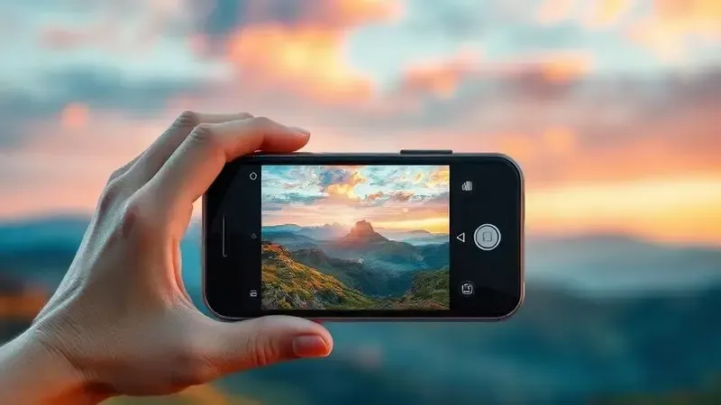 Render 3D conceitual de um smartphone capturando uma paisagem vívida com cores vibrantes e foco preciso.