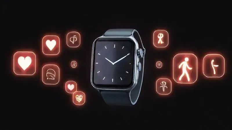 Ilustração de um smartwatch completo com vários ícones de funcionalidades como saúde, GPS e música ao seu redor.