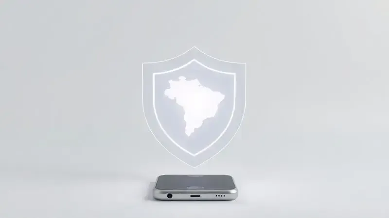 Render 3D de um smartphone protegido por um escudo brilhante com o mapa do Brasil, simbolizando suporte e garantia de aparelhos no país.