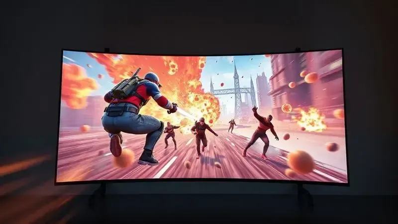 Renderização 3D de uma tela grande e imersiva exibindo uma cena de jogo de ação vibrante, focando na qualidade visual e experiência de jogo.
