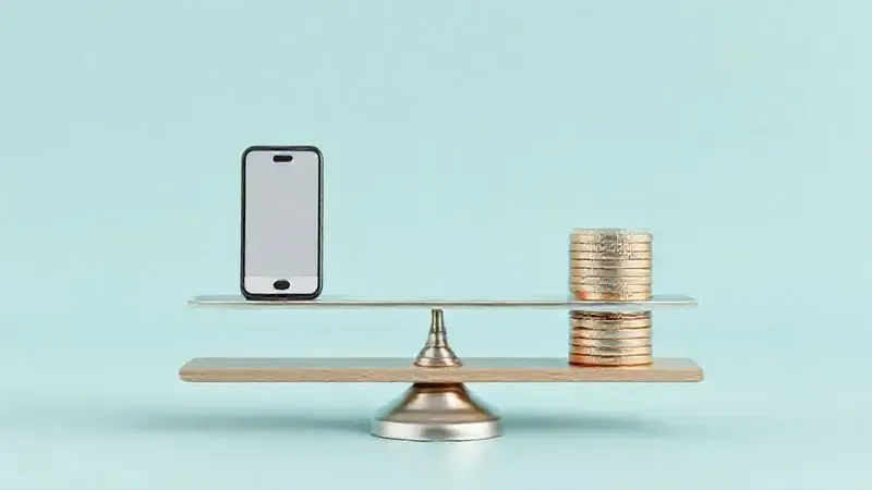 Balança equilibrando um ícone de smartphone de um lado e moedas do outro, ilustrando a vantagem do custo-benefício e portabilidade do iPhone 8.