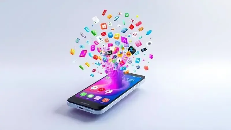Ilustração conceitual de um smartphone com interface personalizável, representando as vantagens do sistema Android sobre o iPhone.