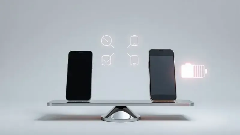 Ilustração conceitual comparando smartphone sem marca com modelos mais recentes, ícones de recursos