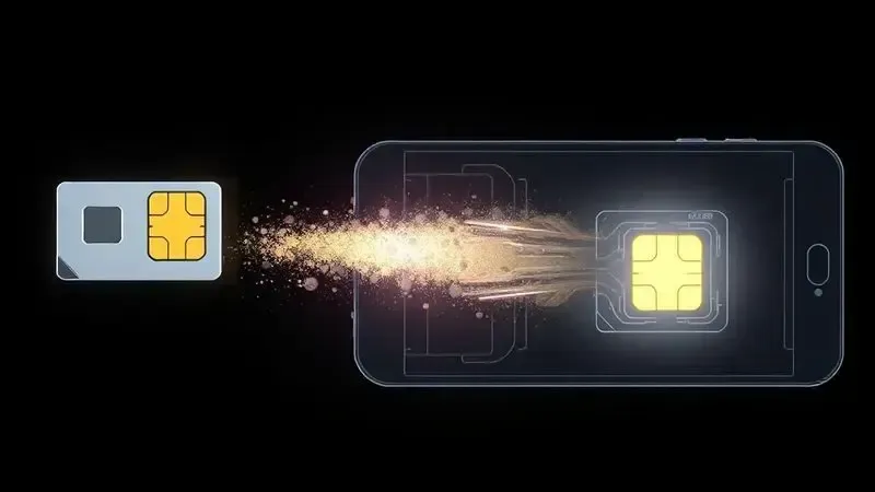 Ilustração 3D da transição de um chip de celular físico para um eSIM digital, mostrando a evolução da tecnologia móvel.