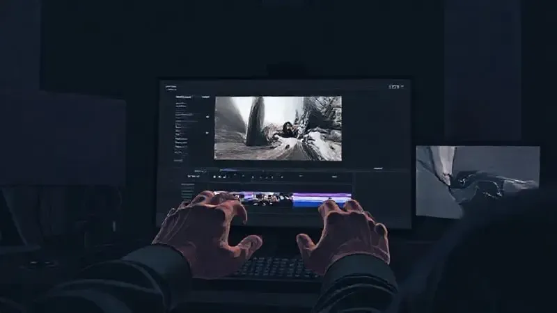 Ilustração de um profissional editando vídeo em uma tela futurista, representando o uso avançado e as vantagens da linha Pro.