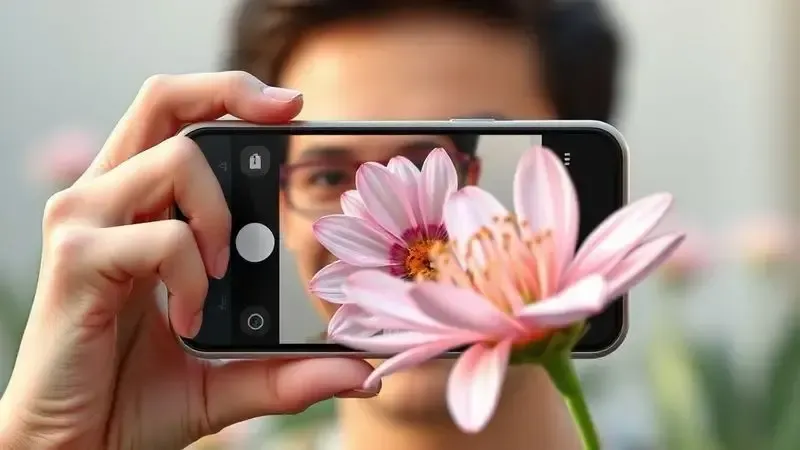 Ilustração de uma pessoa testando a câmera de alta resolução de um iPhone ao fotografar uma flor com detalhes nítidos.